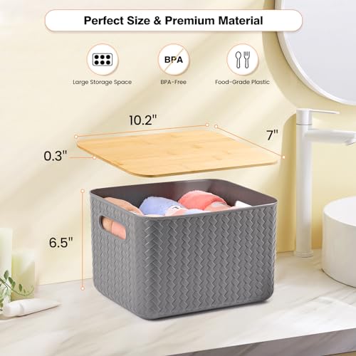 Ohmlove 4 Packs Storage Bins with Bamboo Lids - Plastic Storage Containers with Lids Stackable Storage Box：Storage Baskets for Organizing Desktop Closet Playroom Classroom Office,Gray - Image 2
