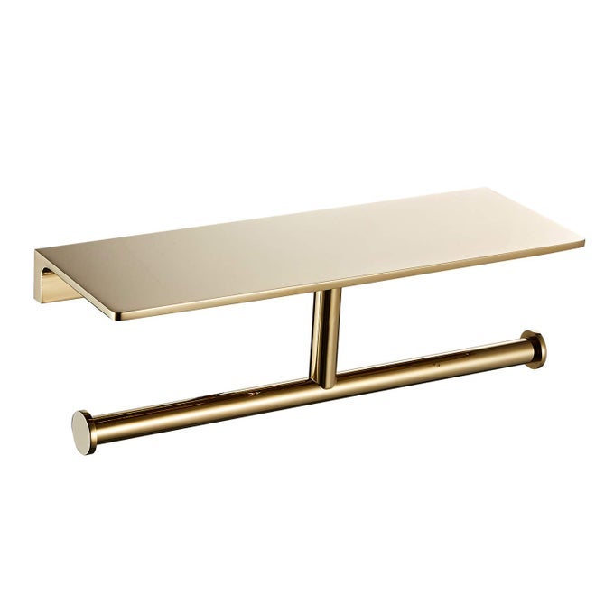 DOUBLE ROLL TOILET PAPER HOLDER WITH SHELF SOLID BRASS AND SUPERIOR HOTEL STYLE TISSUE DISPENSER SPARED STORAGE POLISHED GOLD FINISH