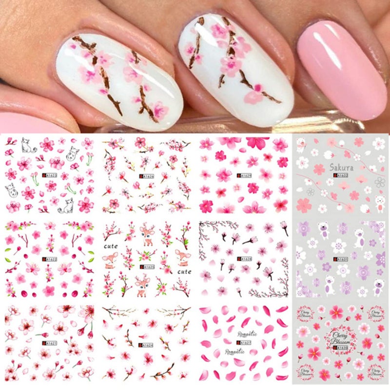 Cherry Blossoms Nail Art Stickers Holographic Flowers Nail Water Transfer Decals Design Pink Floral Nail Sticker Acrylic Supplies for Women Manicure Charms Decorations DIY Resin Nail Decal Tattoo