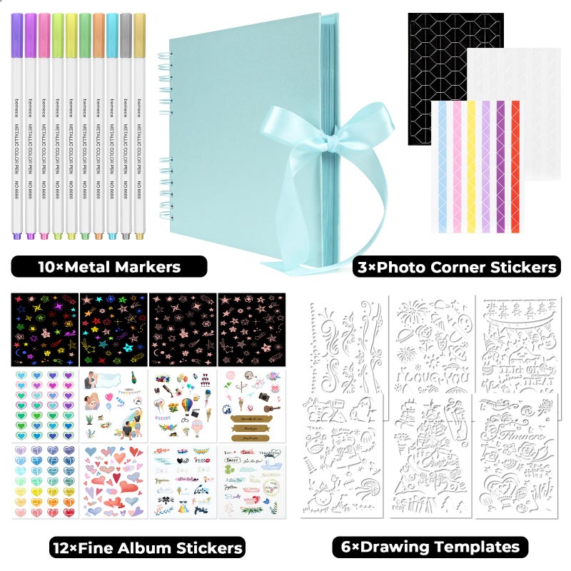 bemece 80 Pages Scrapbook Album with 10 Metallic Markers,Craft Paper Photo Album for Wedding and Anniversary, with Scrapbooking Stickers Corners, Family DIY Scrapbook Accessories - Image 2