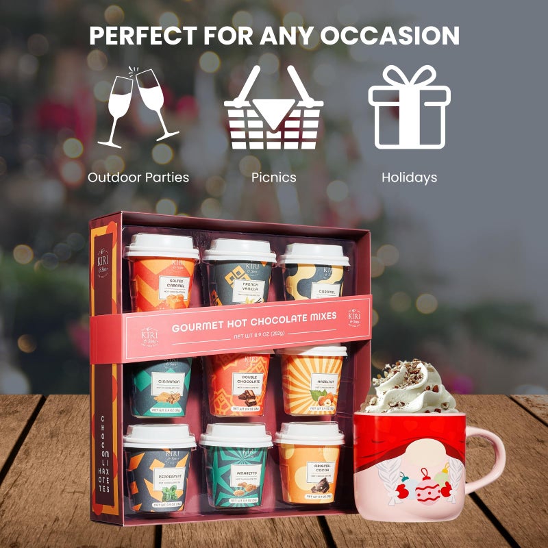 Kiri & Sons Hot Chocolate Mix Gift Set, Hot Chocolate Gift Mix in Mini Cup Packaging, Flavors Include Double Chocolate, French Vanilla, Peppermint, Salted Caramel and More, Set of 9 Winter Edition - Image 3