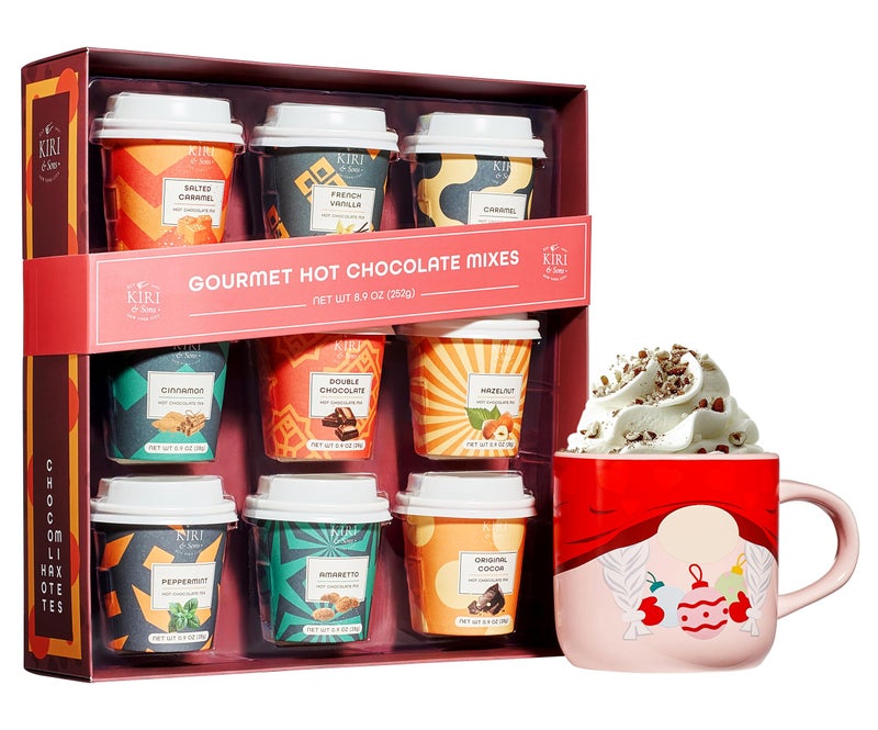 Kiri & Sons Hot Chocolate Mix Gift Set, Hot Chocolate Gift Mix in Mini Cup Packaging, Flavors Include Double Chocolate, French Vanilla, Peppermint, Salted Caramel and More, Set of 9 Winter Edition - Image 1