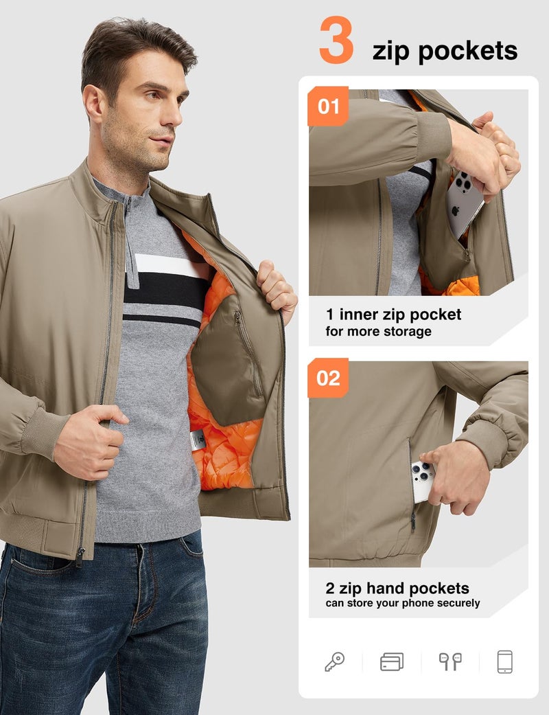 TBMPOY Men's Winter Lightweight Jackets Quilted Bomber Jackets Water Resistant Fall Casual Dress Windbreakers Warm Work Coats Khaki XXL - Image 4