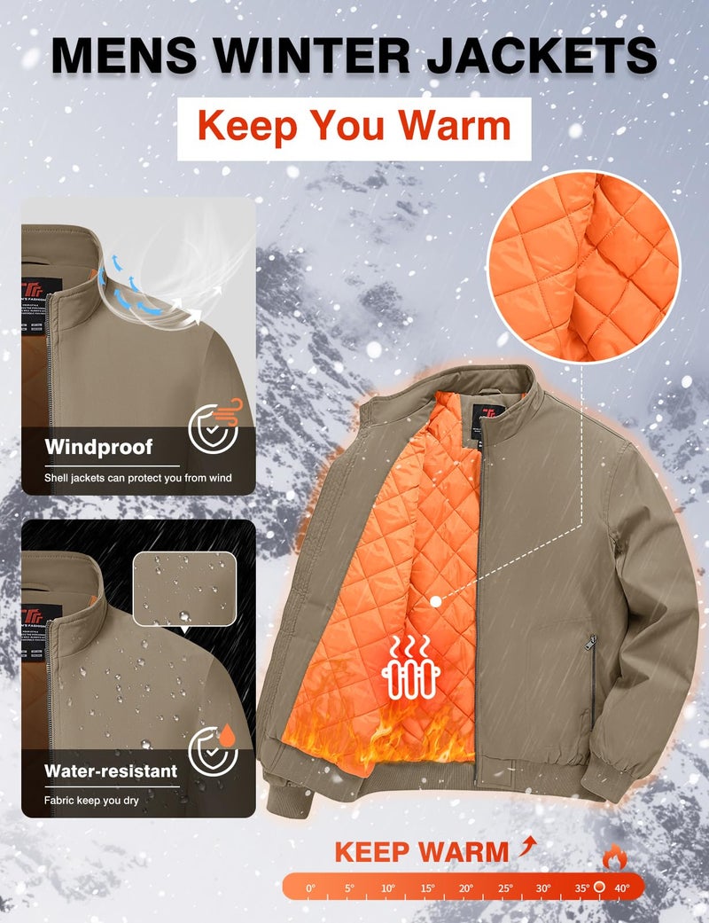 TBMPOY Men's Winter Lightweight Jackets Quilted Bomber Jackets Water Resistant Fall Casual Dress Windbreakers Warm Work Coats Khaki XXL - Image 3