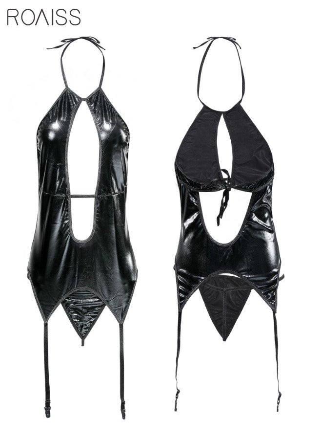 roaiss - 4 Pieces Of  Cutout Underwear Lacquer Leather Female Police Officer Hollowed Out Design Date Day Role Play Costume - Image 1