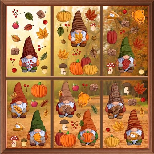 WALPLUS Fall Decor Autumn Window Clings Thanksgiving Decorations Double-Sided Reusable Peel and Stick Removable for Glass Living Room Nursery Room Home Office Thanksgiving Gnomes 102 Pieces - Image 5