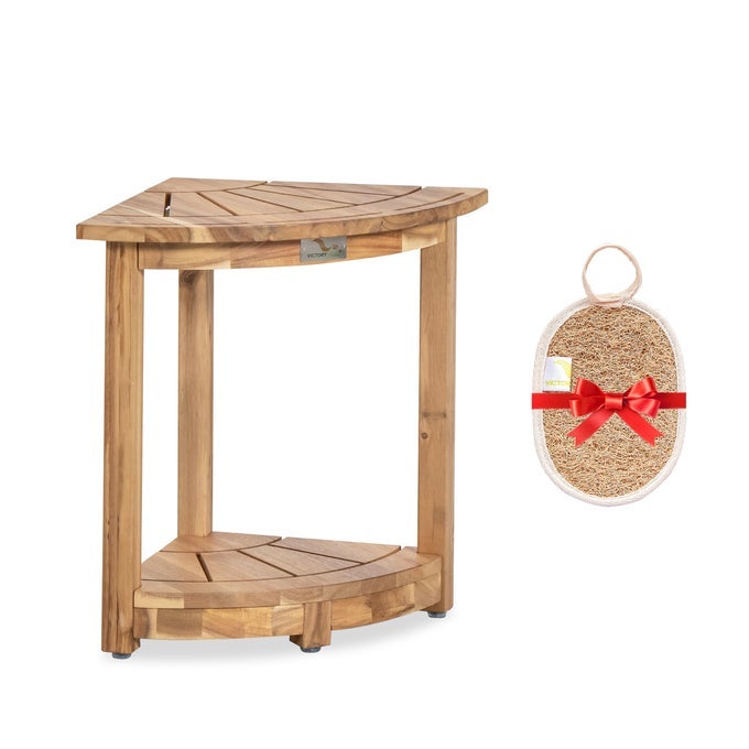 ACACIA CORNER SHOWER STOOL WATERPROOF SPA FOOT REST BATH BENCH WITH STORAGE SHELF SOAP DISH IDEAL FOR BATHROOM SHAVING LEGS OR AS SMALL CORNER TABLESTEP STOOL LIGHT NATURAL