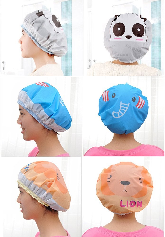 IXIAOPET Cute Cartoon Waterproof Elastic Shower Cap Bath Cap for Women and Girls and Kids,Pack of 3 Pcs(Panda+Elephant+Lion) - Image 5