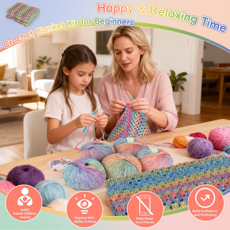 Aeelike Blanket Crochet Kit for Beginners, Super Easy Crochet Blanket Kit with Soft & Colorful Gradient Yarns Detailed Video Tutorials Crocheting Accessories, Rainbow Gradient & Ideal Gift - Image 2