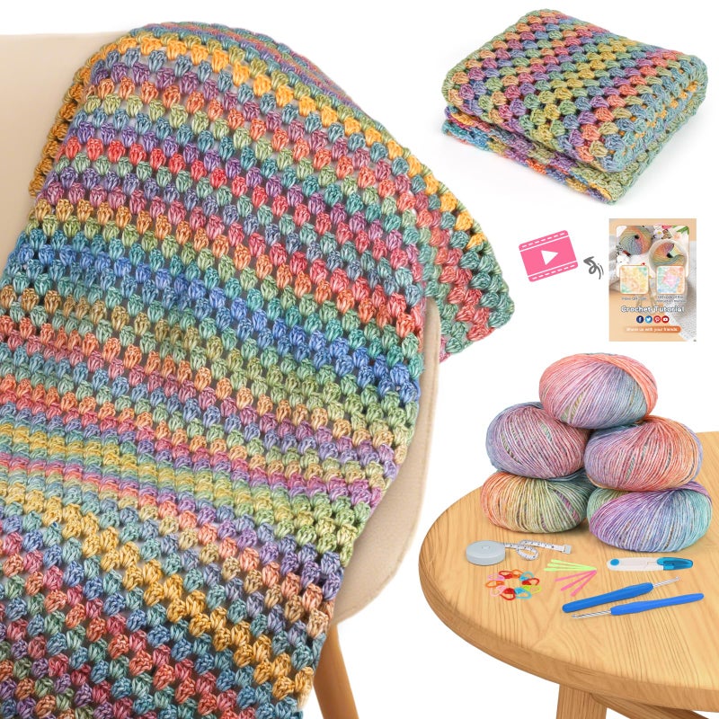 Aeelike Blanket Crochet Kit for Beginners, Super Easy Crochet Blanket Kit with Soft & Colorful Gradient Yarns Detailed Video Tutorials Crocheting Accessories, Rainbow Gradient & Ideal Gift - Image 1