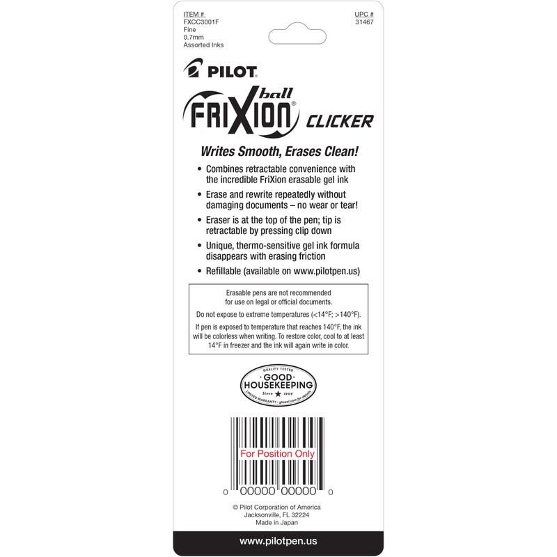 PILOT FriXion Clicker Erasable, Refillable & Retractable Gel Ink Pens, Fine Point, Black/Blue/Red Inks, 3-Pack (31467) - Image 2