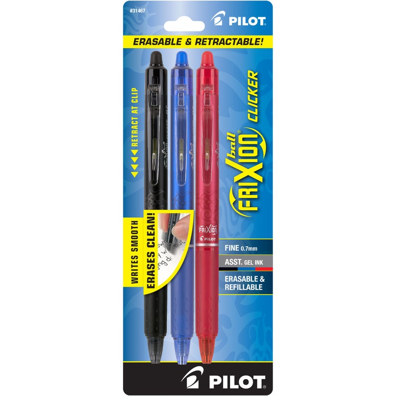 PILOT FriXion Clicker Erasable, Refillable & Retractable Gel Ink Pens, Fine Point, Black/Blue/Red Inks, 3-Pack (31467) - Image 1