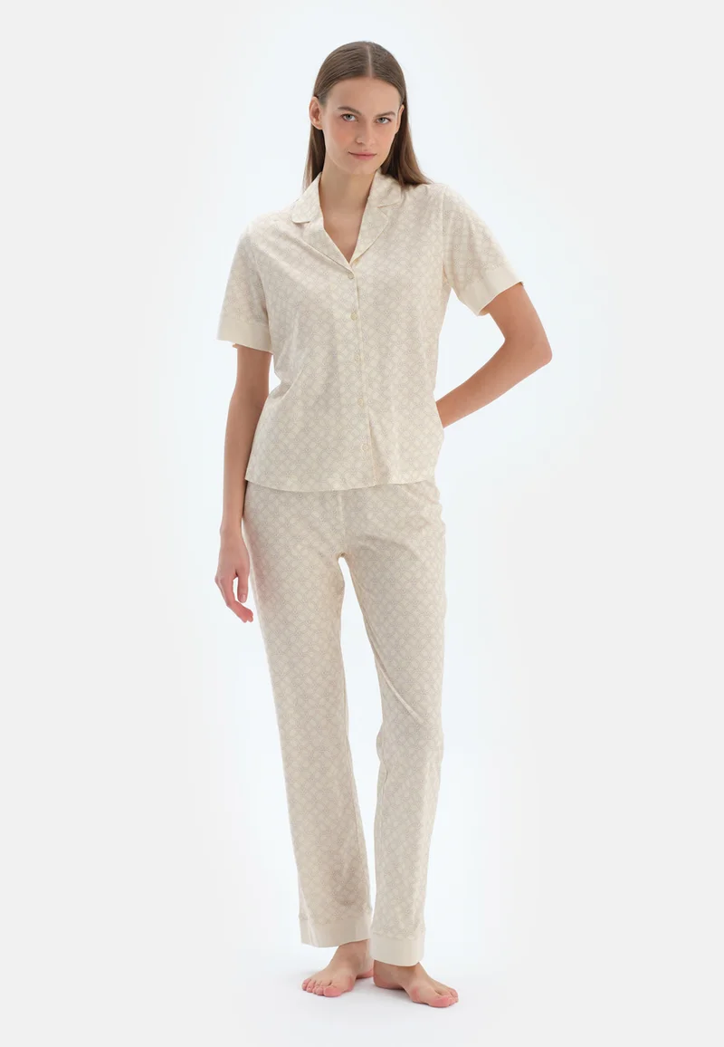 Printed Regular/Classic Fit Shirt & Trousers Pajama Sets Spread Collar Cotton Blend Sleepwear