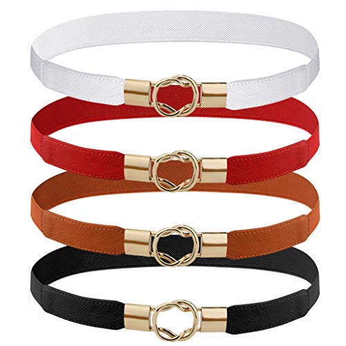 yeabwps 4 Pcs Women Retro Waist Belt Metal Buckle Skinny Stretchy Waist Belt for Dress (Black + Red + White + Khaki - Image 1