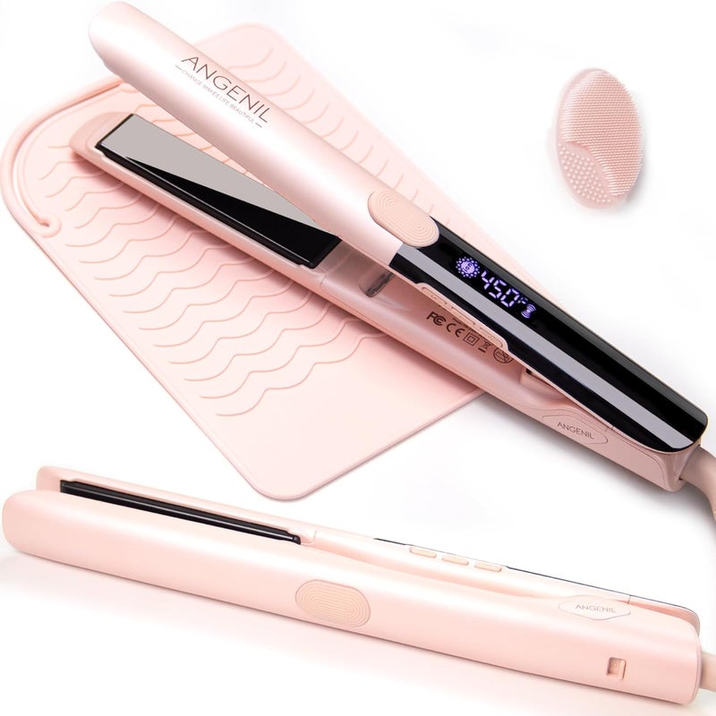 ANGENIL Titanium Flat Iron Hair Straightener and Curler 2 in 1 AntiScald Silicone Dual Voltage Hair Straightener Ionic Pink Flat Iron with Heat Resistant Silicone Mat Facial Cleansing Brushes