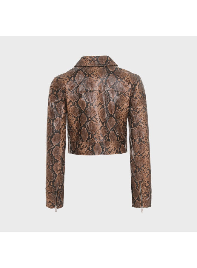 Zara women's Faux Snake-print Coated Notched Collar Long Sleeve Cropped Windbreaker Jacket - Image 3