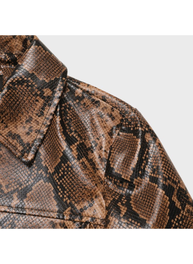 Zara women's Faux Snake-print Coated Notched Collar Long Sleeve Cropped Windbreaker Jacket - Image 5