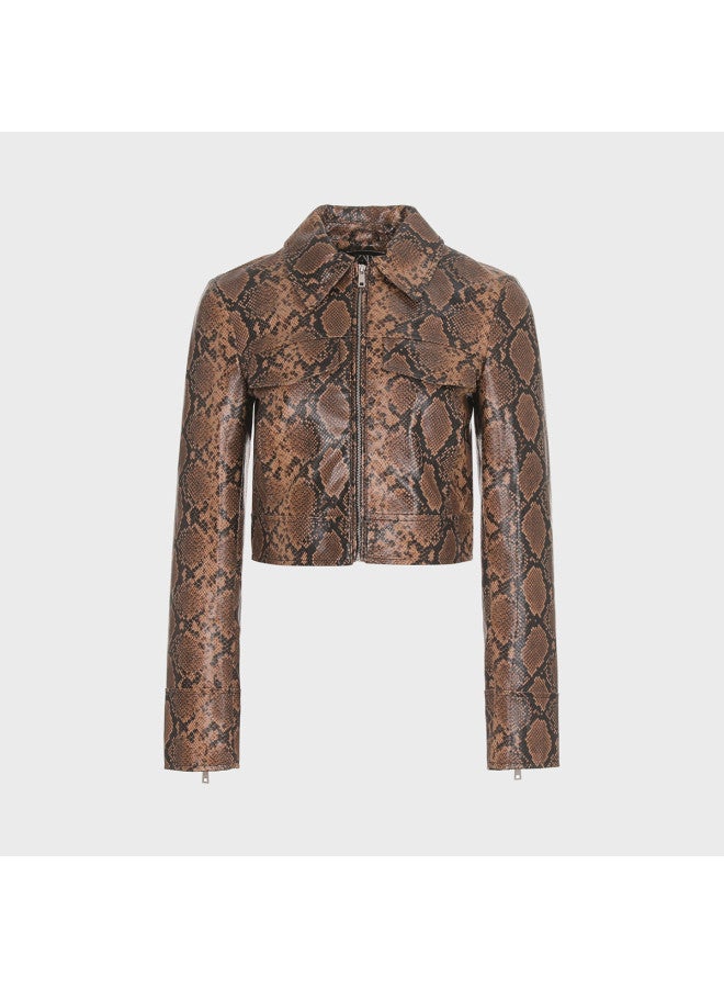 Zara women's Faux Snake-print Coated Notched Collar Long Sleeve Cropped Windbreaker Jacket - Image 2