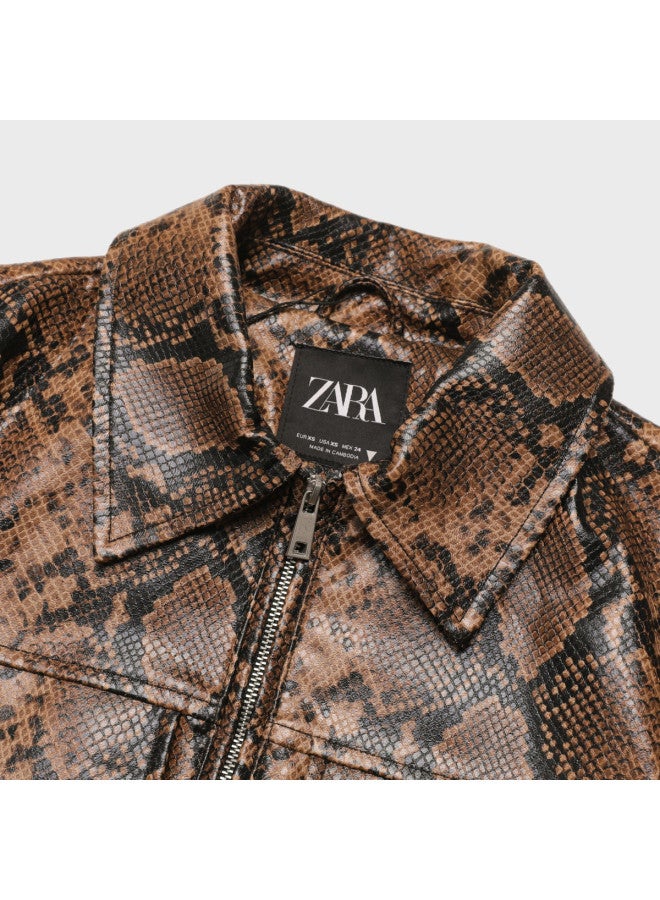 Zara women's Faux Snake-print Coated Notched Collar Long Sleeve Cropped Windbreaker Jacket - Image 4