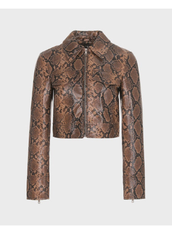 Zara women's Faux Snake-print Coated Notched Collar Long Sleeve Cropped Windbreaker Jacket - Image 1