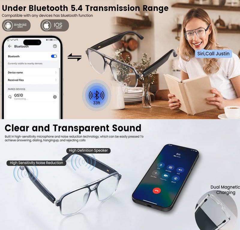 Smart Bluetooth Glasses for Men & Women, Polarized Blue Light Blocking Sunglasses with Dual Mic & Speakers, UV Protection, Auto-Tint Lenses, Voice Assistant, Touch Control, Magnetic Charging, Black - Image 2
