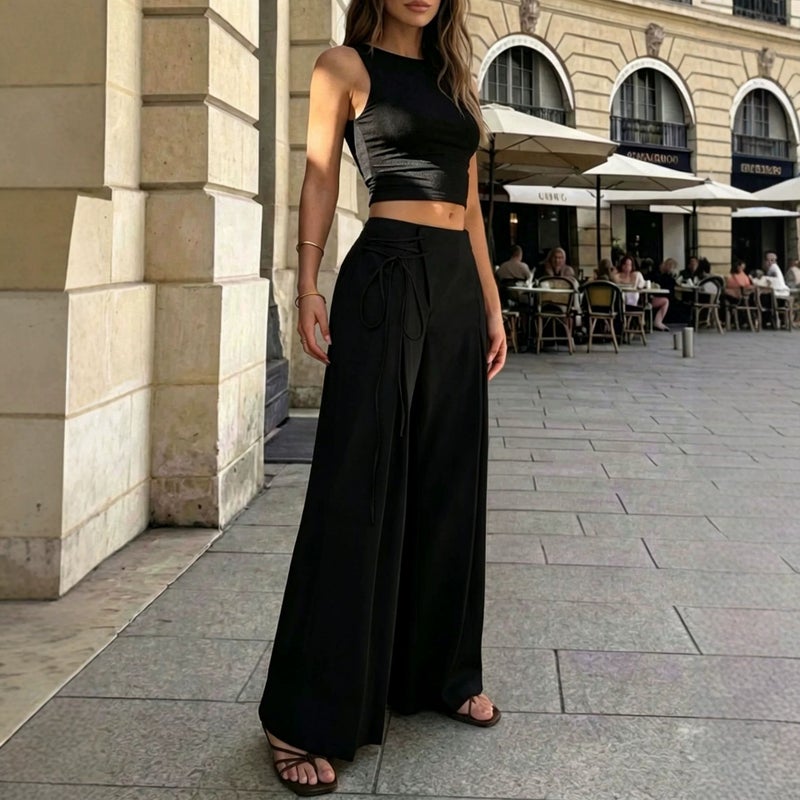 Women's High Waist Wide-Leg Casual Pants Loose Flowy Solid Color Trousers - Image 3