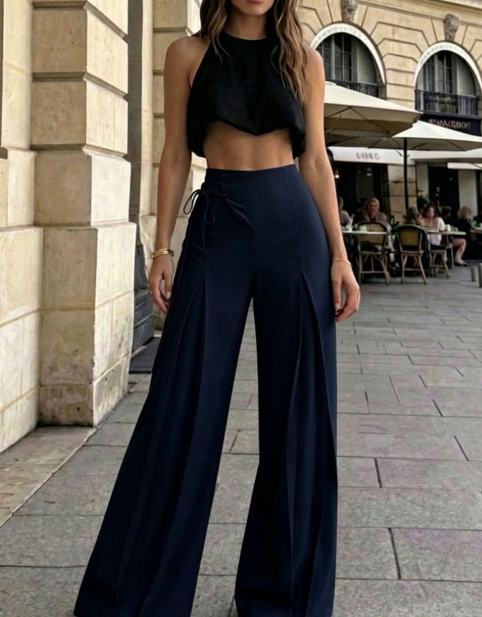 Women's High Waist Wide-Leg Casual Pants Loose Flowy Solid Color Trousers - Image 1