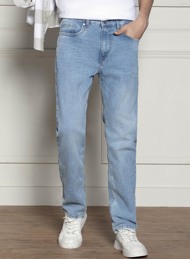 Dennis Lingo Relaxed Fit Light Blue Men's Jeans with Button & Zip Closure (Cotton Blend) - Image 1