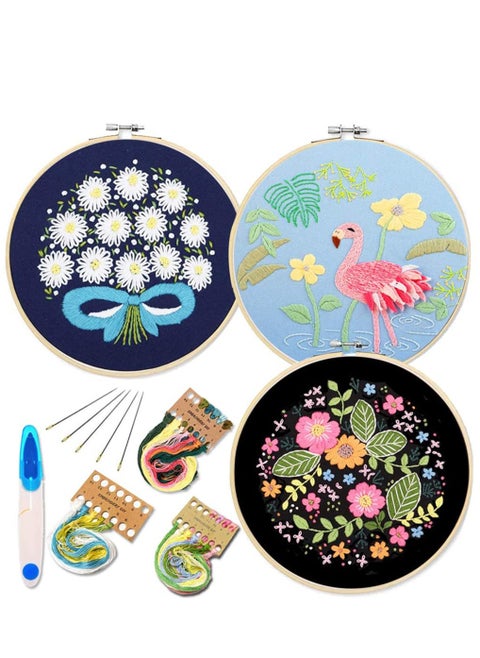 Embroidery Starter Kit with Pattern and Instructions, 3 Sets Cross Stitch Kit Include Embroidery Clothes with Plants Flowers Pattern, Embroidery Hoops, Color Threads and Tools Set