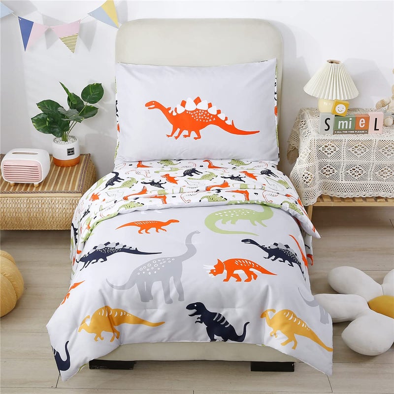 URBONUR 4Piece Toddler Bedding Set  Ultra Soft Cartoon Jurassic Dinosaur Print Boys Toddler Comforter Set  Include Comforter Flat Sheet Fitted Sheet and Reversible Pillowcase Gray Dinosaur