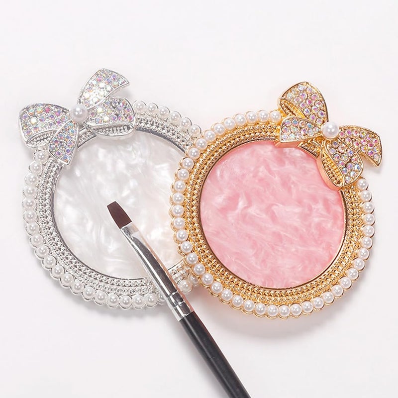 ForSewian Resin Nail Art Palette, Nail Art Painting Mixed Color Palette, Bow Decorated with Rhinestones and Pearls Nail Art Display Board (Golden) - Image 3