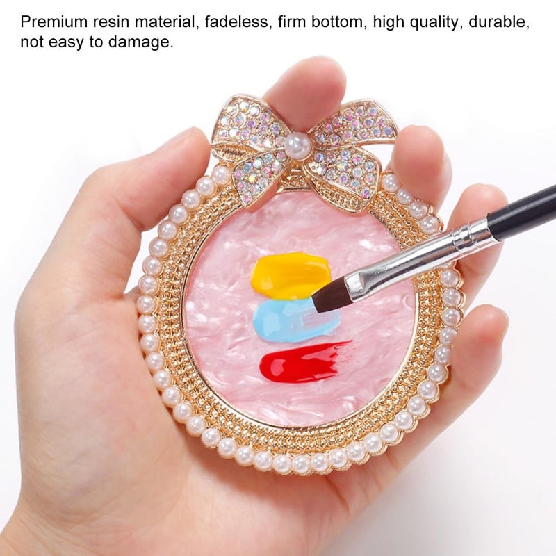 ForSewian Resin Nail Art Palette, Nail Art Painting Mixed Color Palette, Bow Decorated with Rhinestones and Pearls Nail Art Display Board (Golden) - Image 2