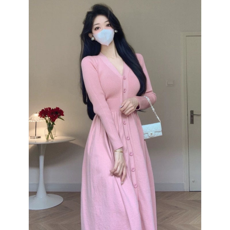 Autumn and Winter Womens dress Mid-length Elegant Inner Long-sleeved Waist Slimming Base Knitted Skirt Sweater A- Line Skirt Apricot - Image 5