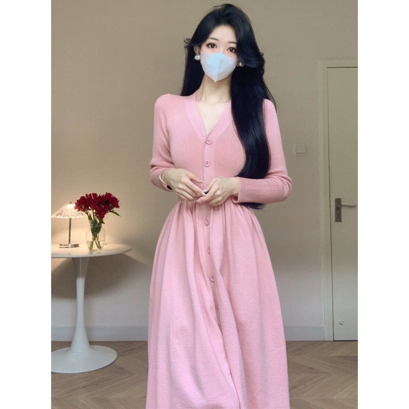 Autumn and Winter Womens dress Mid-length Elegant Inner Long-sleeved Waist Slimming Base Knitted Skirt Sweater A- Line Skirt Apricot - Image 4