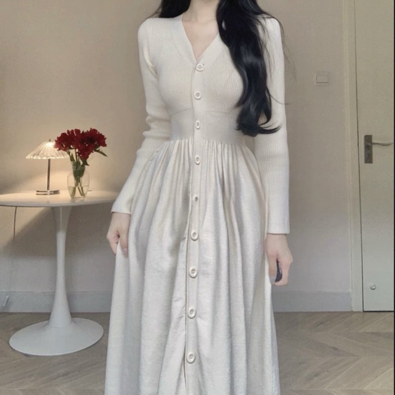 Autumn and Winter Womens dress Mid-length Elegant Inner Long-sleeved Waist Slimming Base Knitted Skirt Sweater A- Line Skirt Apricot - Image 1