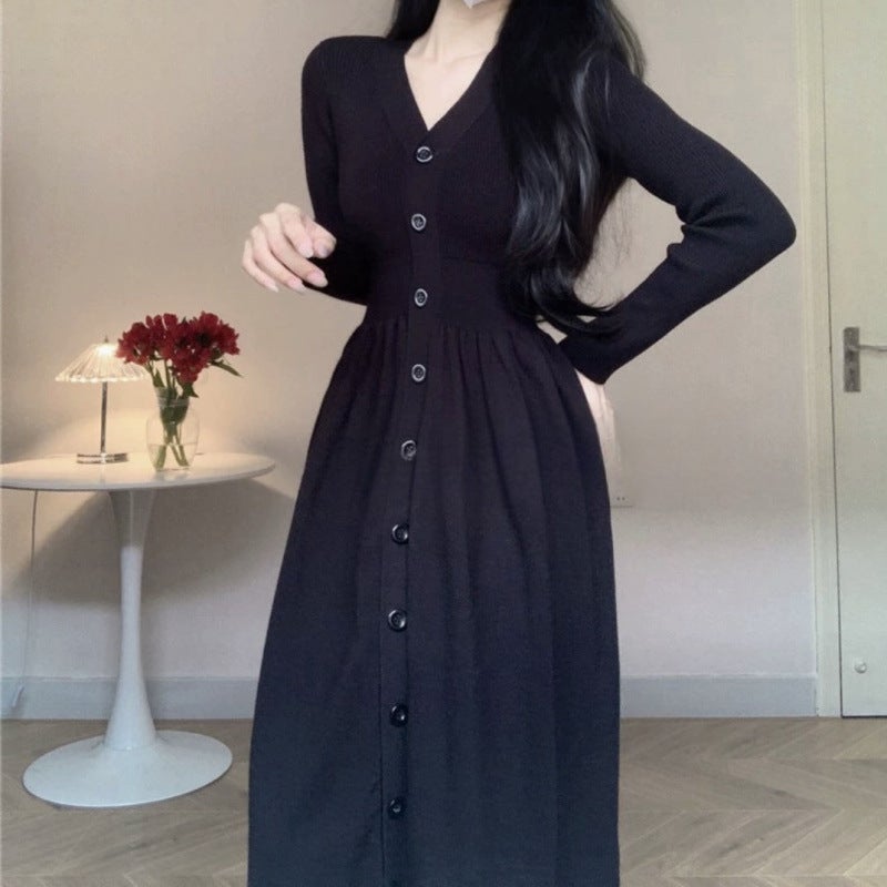 Autumn and Winter Womens dress Mid-length Elegant Inner Long-sleeved Waist Slimming Base Knitted Skirt Sweater A- Line Skirt Apricot - Image 2