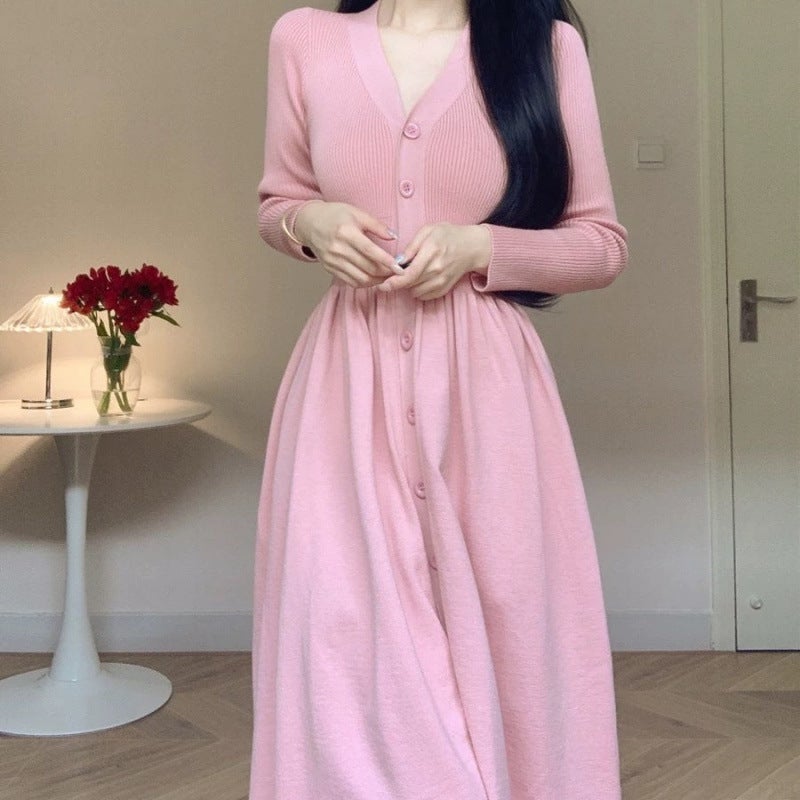 Autumn and Winter Womens dress Mid-length Elegant Inner Long-sleeved Waist Slimming Base Knitted Skirt Sweater A- Line Skirt Apricot - Image 3