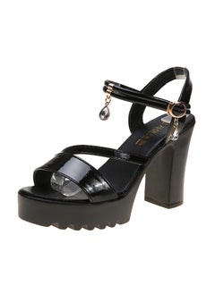 2023 Summer New Style Womens Korean Version One-Row Water Diamond Sandals With Thick High Heels And Buckle Fashion Sandals Black