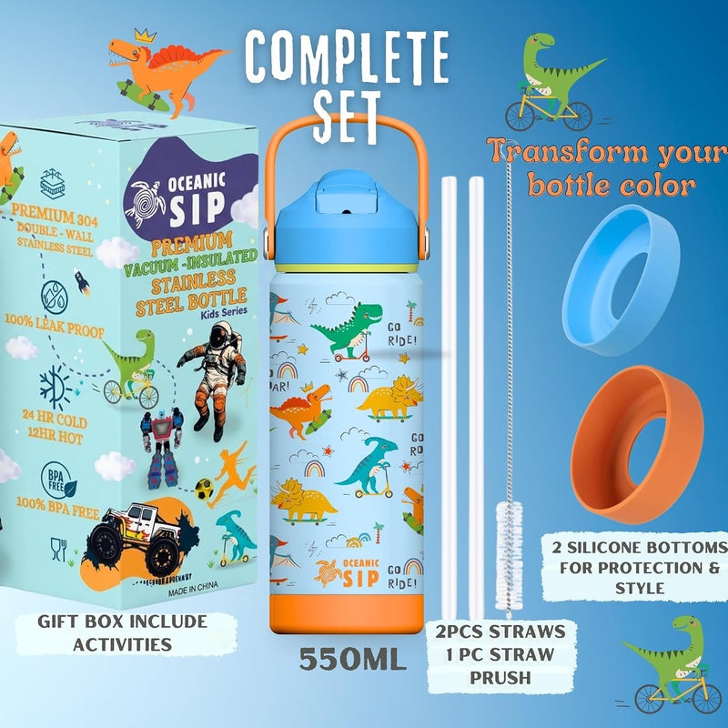 OCEANIC Boys Stainless Steel Water Bottle 550ml 18oz Double-Wall Vacuum Insulated 304 Stainless steel Water Bottle BPA FREE Leak Proof (Playful Dinos, 550ml) - Image 2