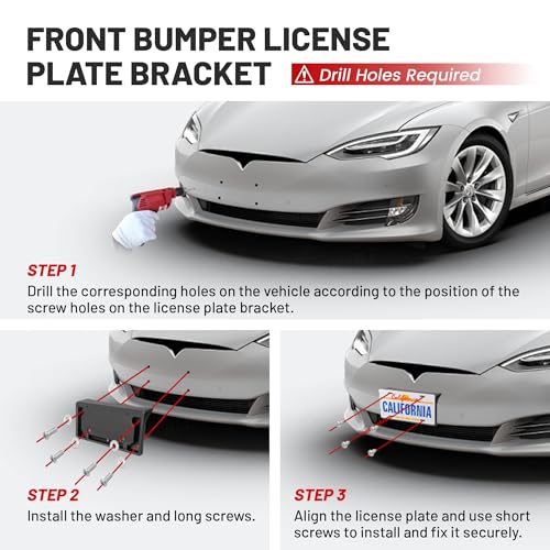 RED WOLF حامل لوحة الترخيص RED WOLF الأمامي لسيارة تسلا موديل 3 من 2017-2023، يتطلب حفر ثقوب، يتضمن مجموعة حامل لوحة الترخيص، البراغي، الغسالات، والمفتاح، باللون الأسود - Image 3