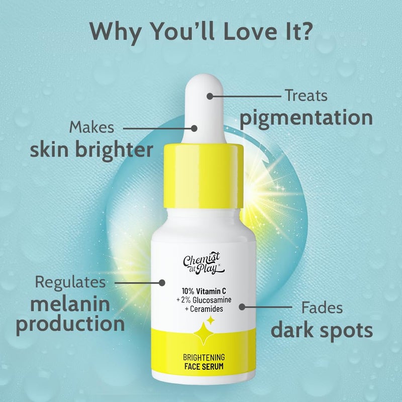 Chemist At Play 10 Vitamin C Face Serum Brightens Gives Glow Fades Dark Spots Treats Hyperpigmentation Balances Melanin Production Ethyl Ascorbic Acid Glucosamine For Oily Combination Sensitive Skin Types Beginner Friendly Highly Stable For All Skin Types For Men Women 10ml - Image 2
