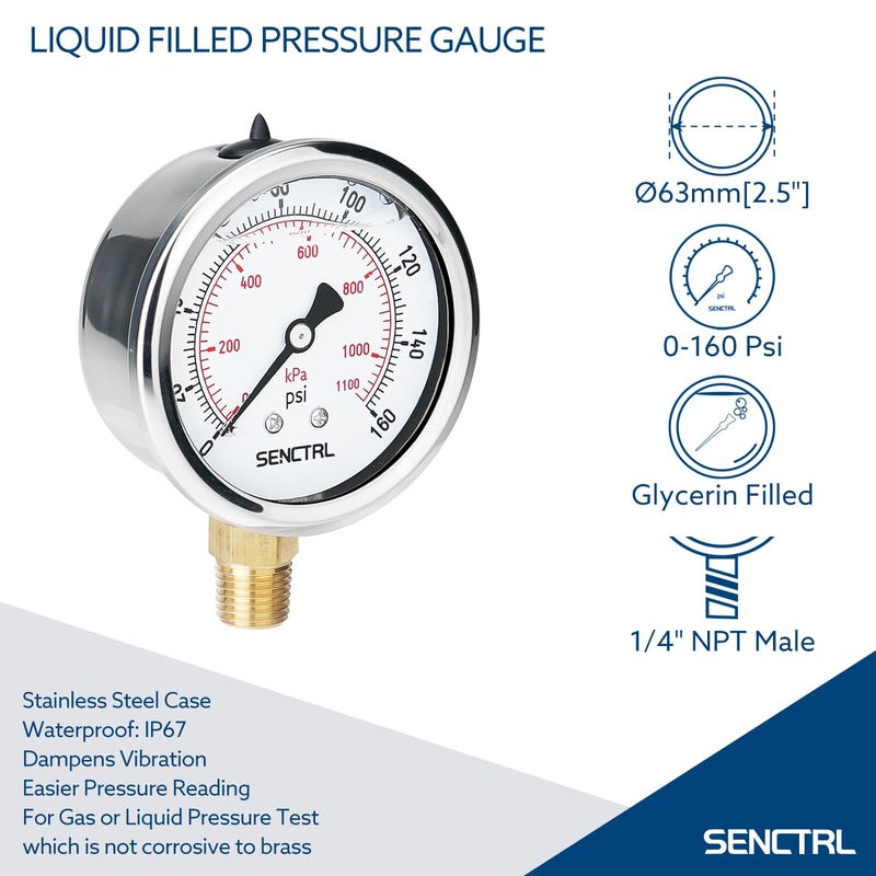 senctrl 0-160 Psi Glycerin Liquid Filled Air Pressure Gauge, 2.5" Dial Size, 1/4" NPT Lower Mount, Stainless Steel Case, Water Pump, Tire, Large Air Compressor, Well Pump, RV Regulator Pressure Test - Image 2