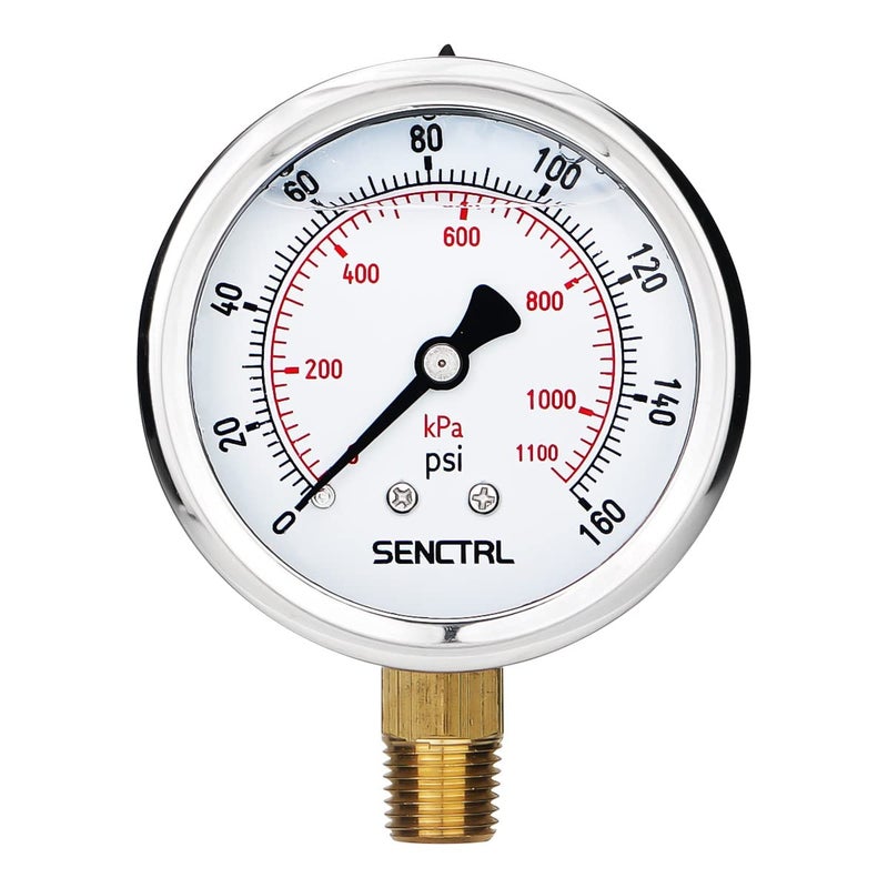 senctrl 0-160 Psi Glycerin Liquid Filled Air Pressure Gauge, 2.5" Dial Size, 1/4" NPT Lower Mount, Stainless Steel Case, Water Pump, Tire, Large Air Compressor, Well Pump, RV Regulator Pressure Test - Image 1