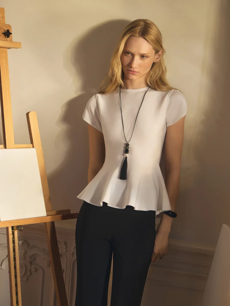 Lichi  Viscose top with short sleeves and peplum at the waist for Women | Best Price UAE