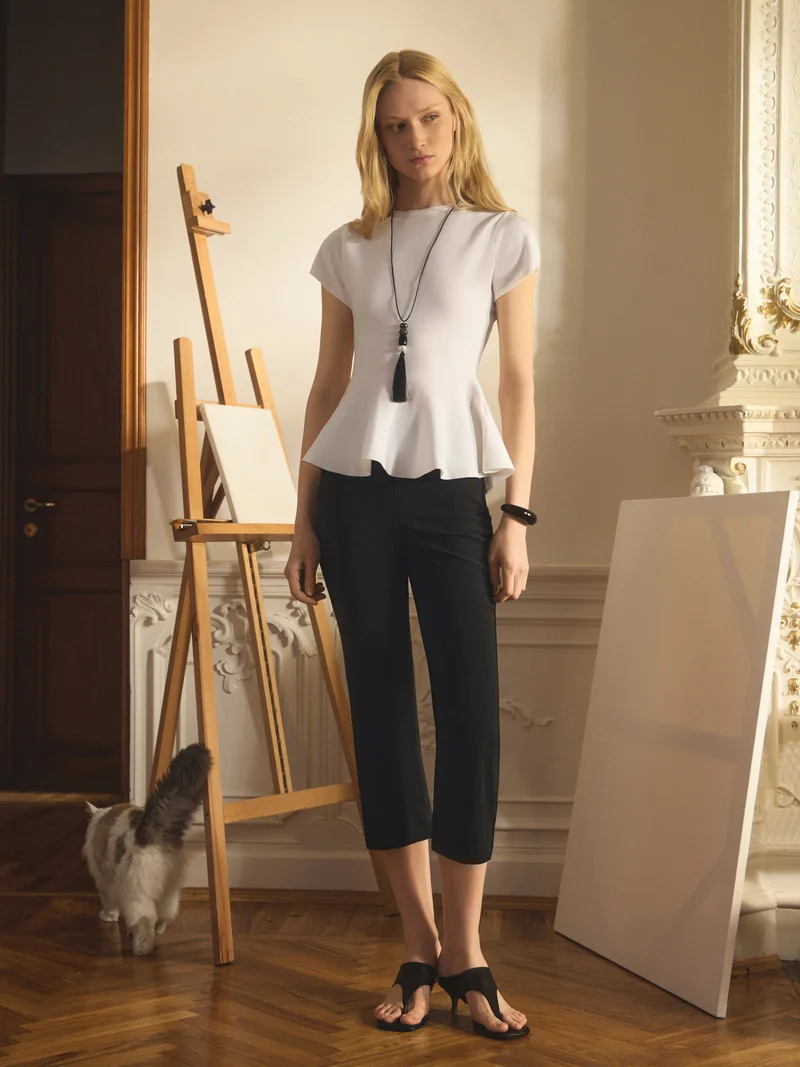 Lichi  Viscose top with short sleeves and peplum at the waist for Women | Best Price UAE