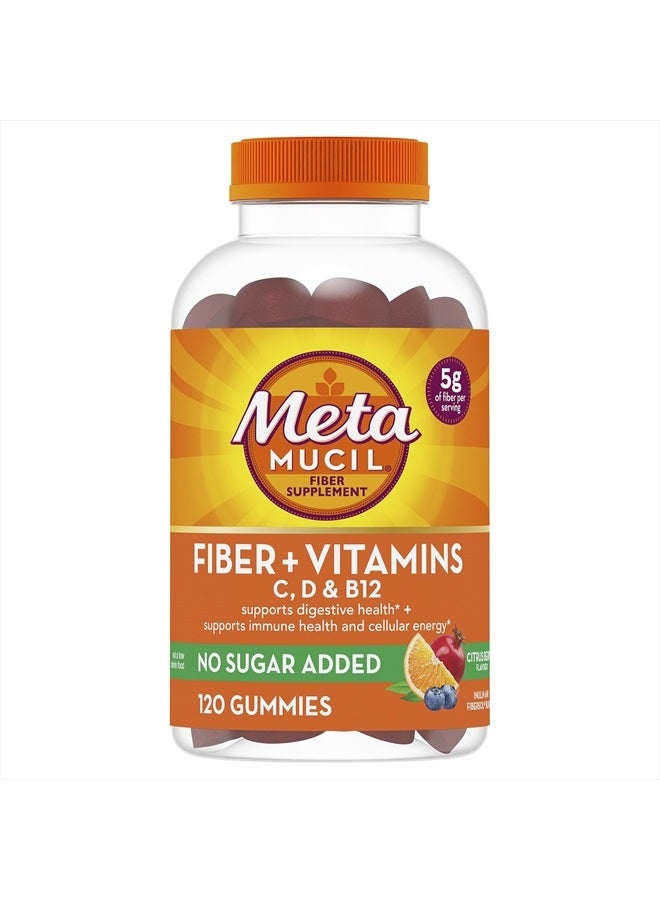 Metamucil Fiber Supplement Gummies Plus Vitamins C, D, & B12, No Sugar Added, 5g Prebiotic Plant-Based Fiber Blend for Digestive Health, Citrus Berry Flavored, 120 Gummies - Image 1