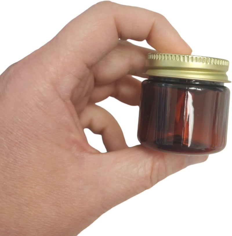 Nakpunar 16 pcs 1 oz Amber Brown Plastic Jars with Gold Metal Lids  Made in USA 1 oz Gold - Image 4