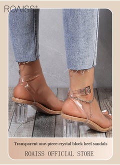roaiss Women Transparent Strappy High Heels Women Thick Heel Sandals Women Buckle High Heels  - Image 4