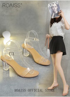 roaiss Women Transparent Strappy High Heels Women Thick Heel Sandals Women Buckle High Heels  - Image 3
