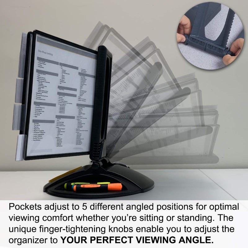 Ultimate Office AdjustaView 10-Pocket Desk Reference Organizer with Supplies Storage Base and EZ-Load Pockets to Hold 20 Sheets of Paper, Includes Fast Find Indexing Tabs, Black Pockets - Image 5